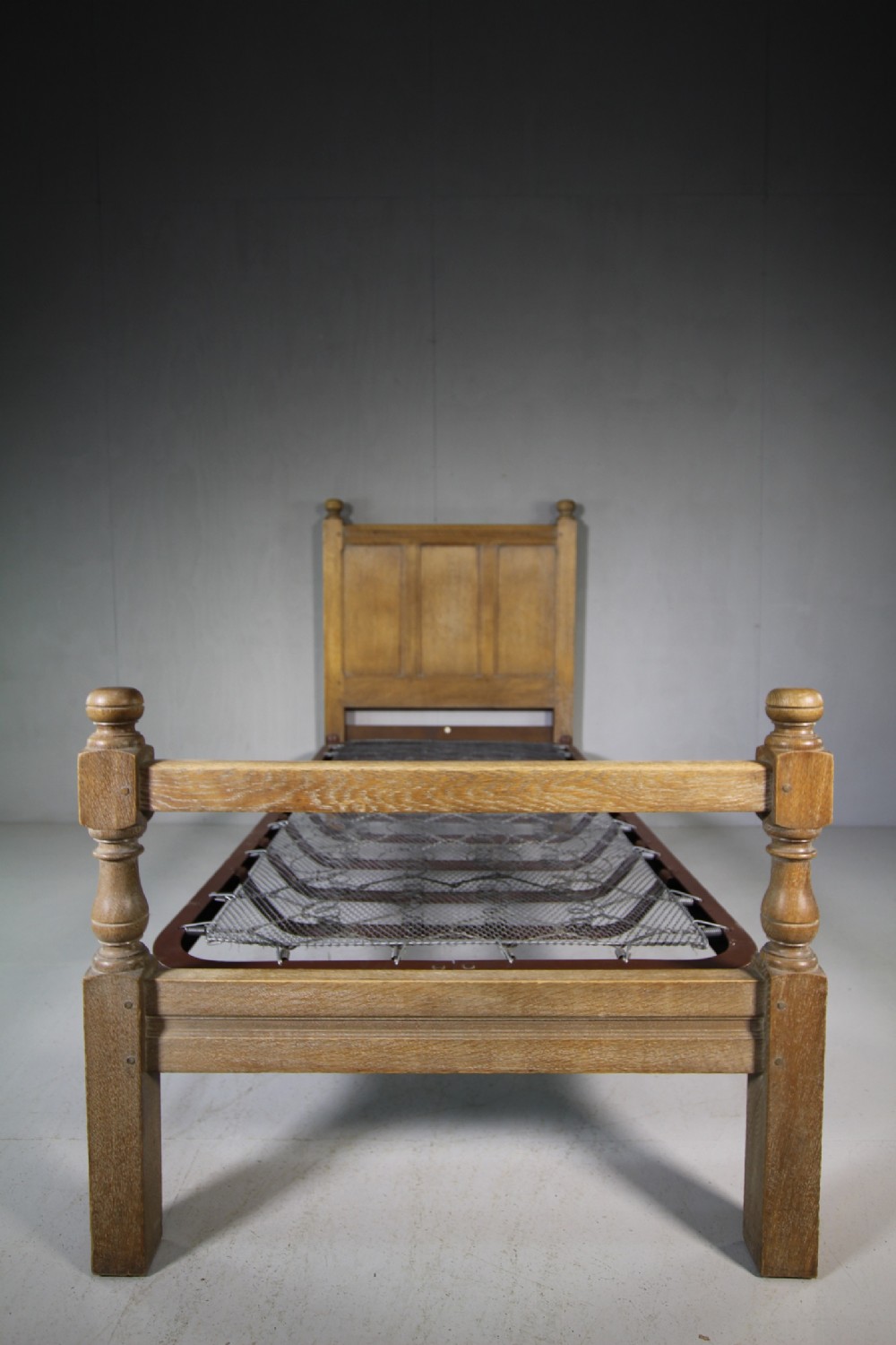 1920's Heals of London Oak Single Bed & Base - Labelled.