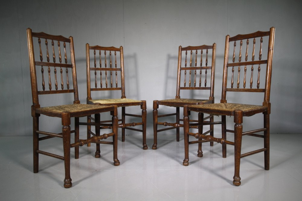 Set of Four Heals Antique Oak Country Cottage Dining Chairs.