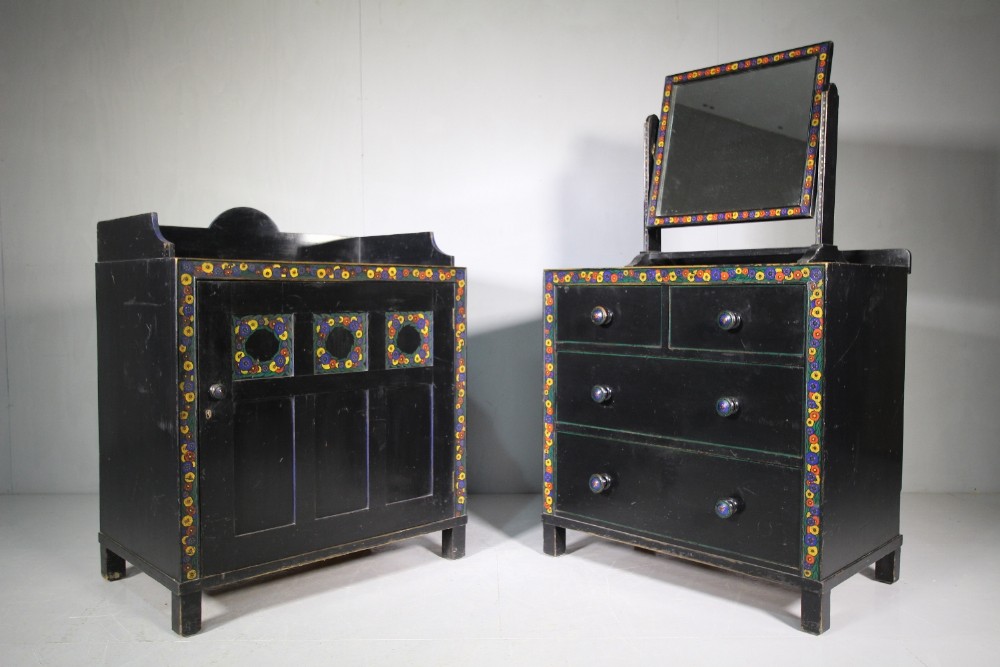 Rare 1920's Heals Decorated Chest Cupboard & Dressing Table