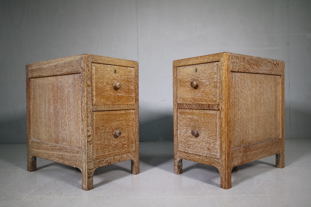 Pair of 1920's Heals Oak Bedside Chests - Labeled.