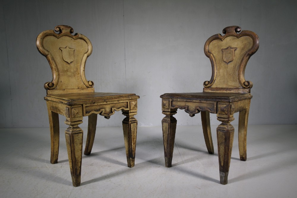 Fabulous Pair of Antique Hall Chairs in Original Paint.