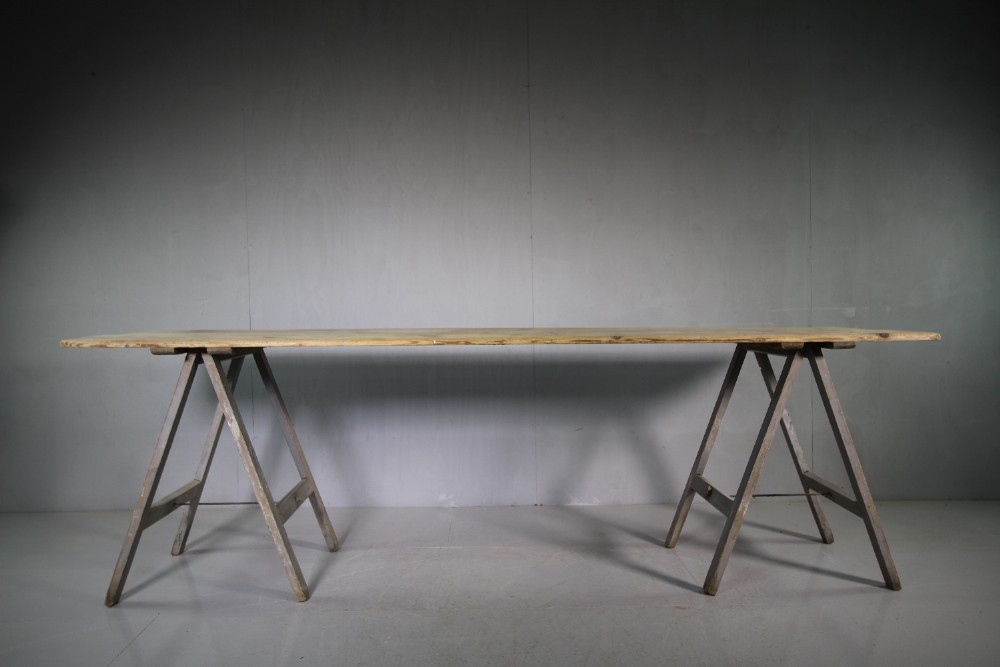 Large Edwardian Antique Painted Pine Trestle Table