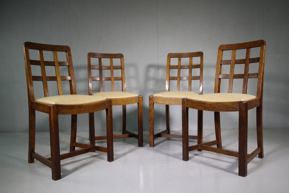 Set of Four 1920's Oak Dining Chairs by Heals - Labeled