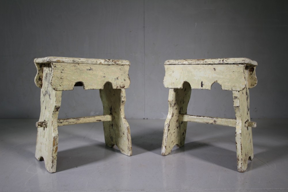 Pair of English Antique Painted Pine Plank Stools
