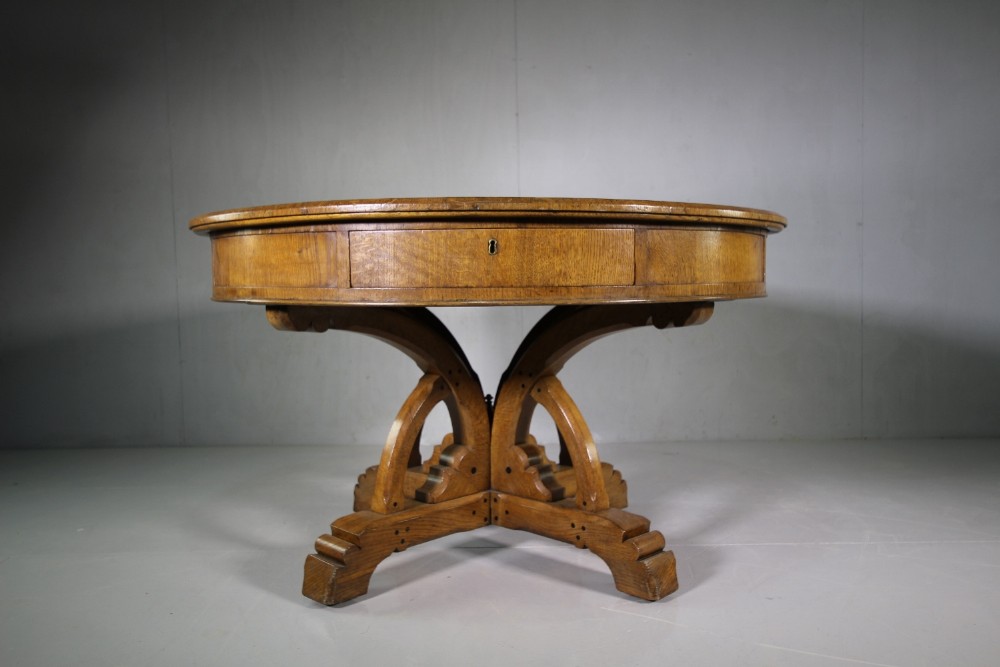 19th Century Antique Oak Library Drum Table by Charles Bevan