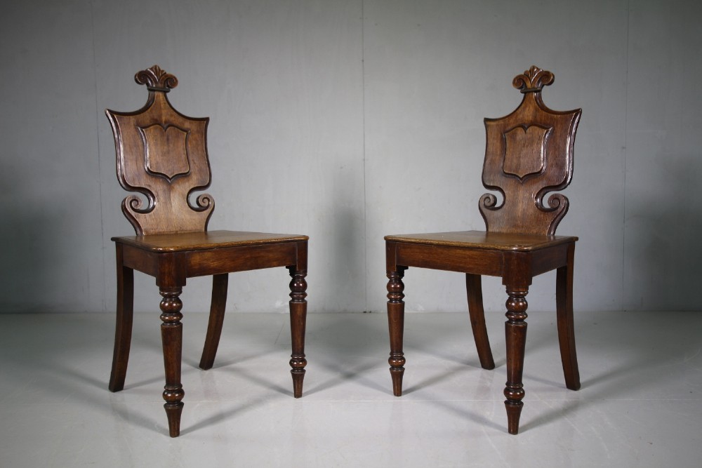 English Pair of Regency Antique Oak Hall Chairs