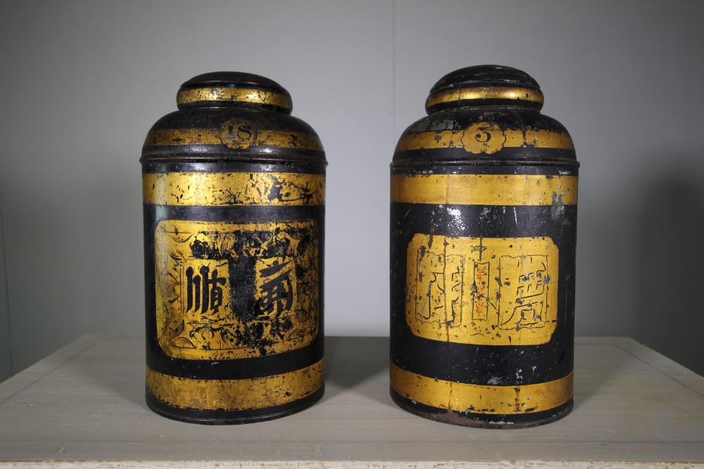 Large Pair of English Antique Toleware Tea Tins