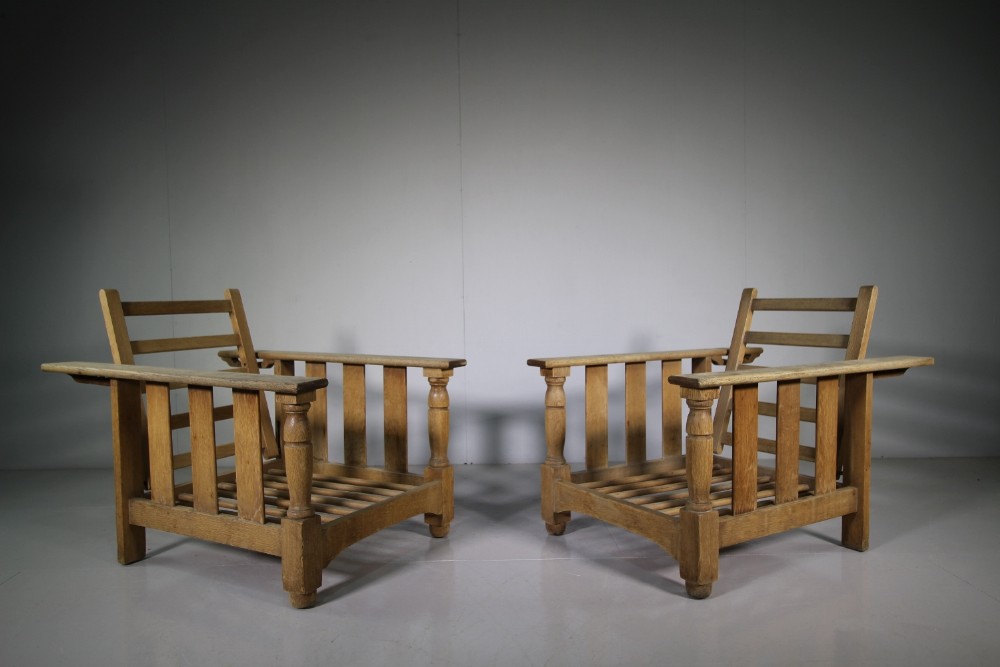 Pair of Edwardian Antique Oak Heals Reclining Armchairs