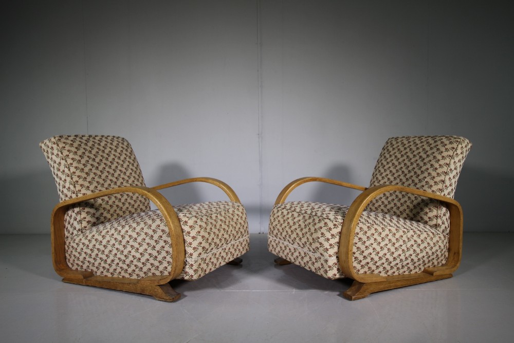 Pair of Heals 1930's Uphlstered Oak Armchairs.