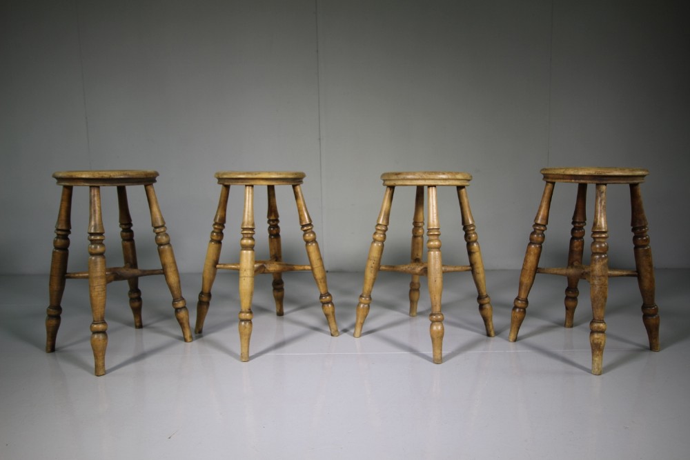True Set of Four Antique Sycamore Kitchen Stools