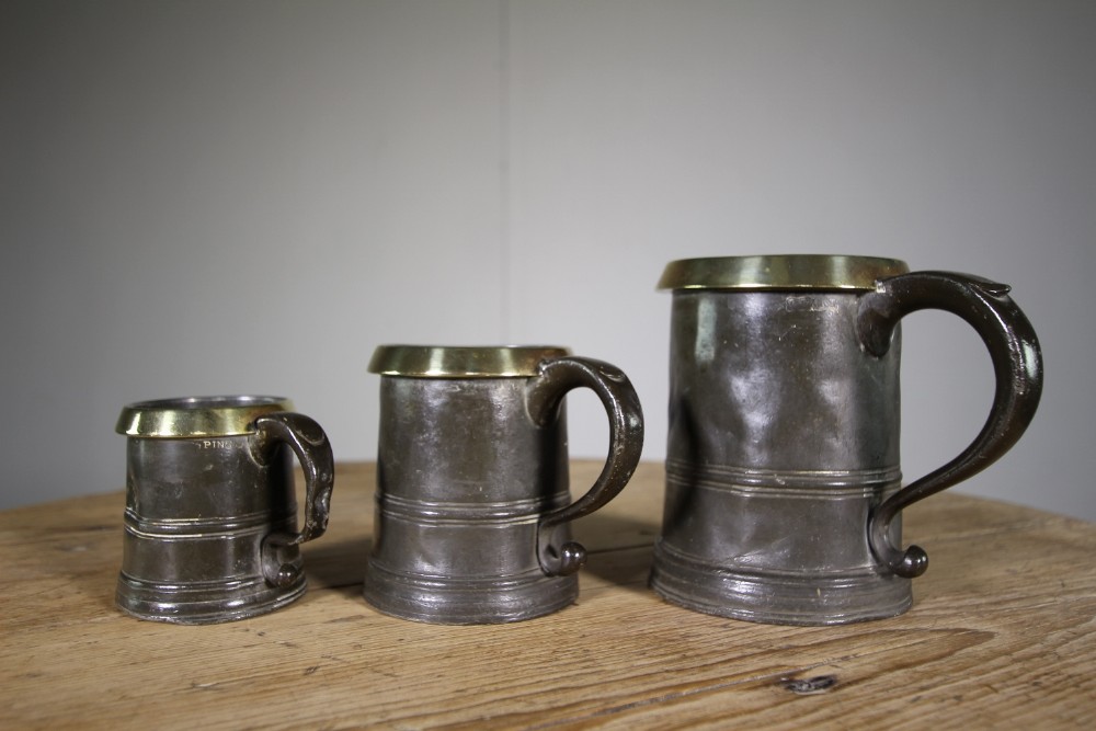 Set of Three English Antique Pewter & Bronze Measures