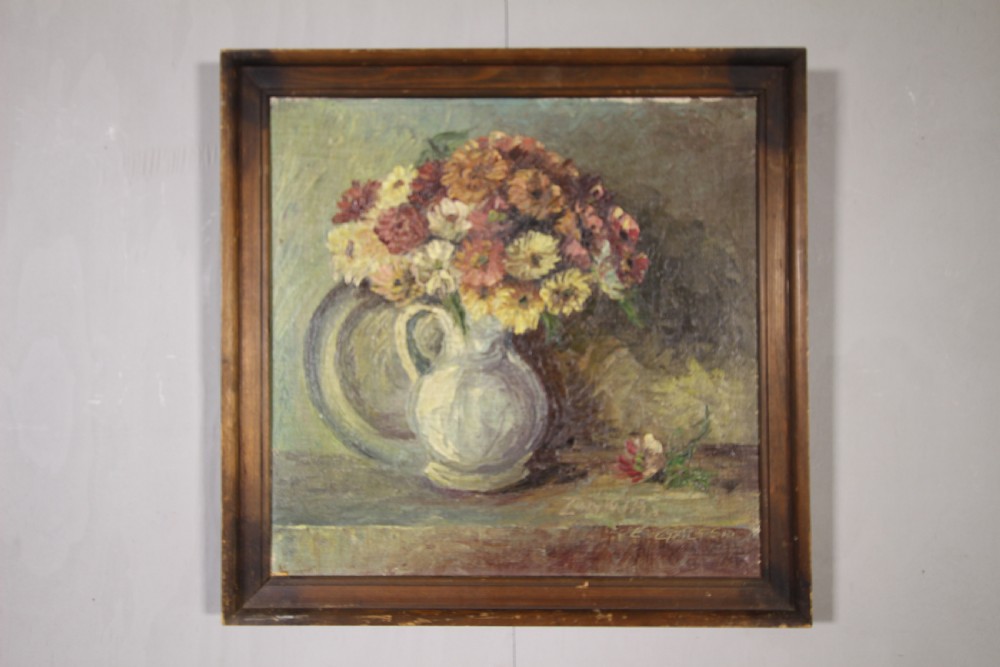 Zinnias English 1960's Floral Oil Painting View II