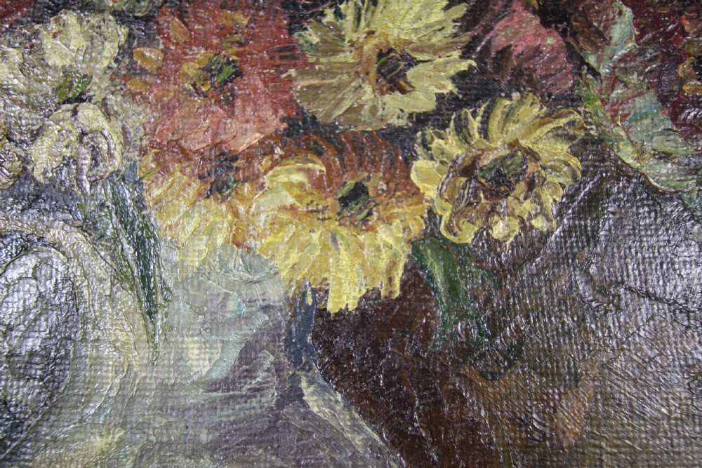 Zinnias English 1960's Floral Oil Painting View V