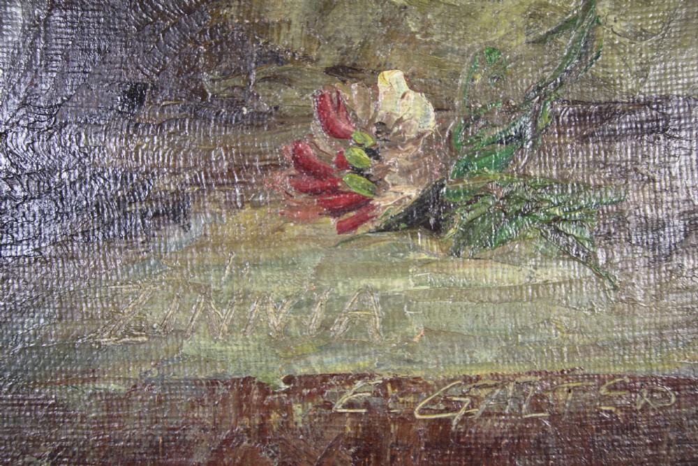Zinnias English 1960's Floral Oil Painting View VI
