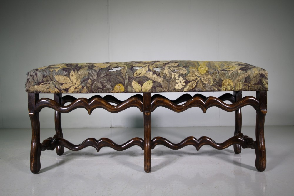 19th French Antique Walnut & Tapestry Long Stool