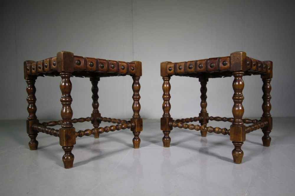 Pair of Antique Walnut & Leather Stools 