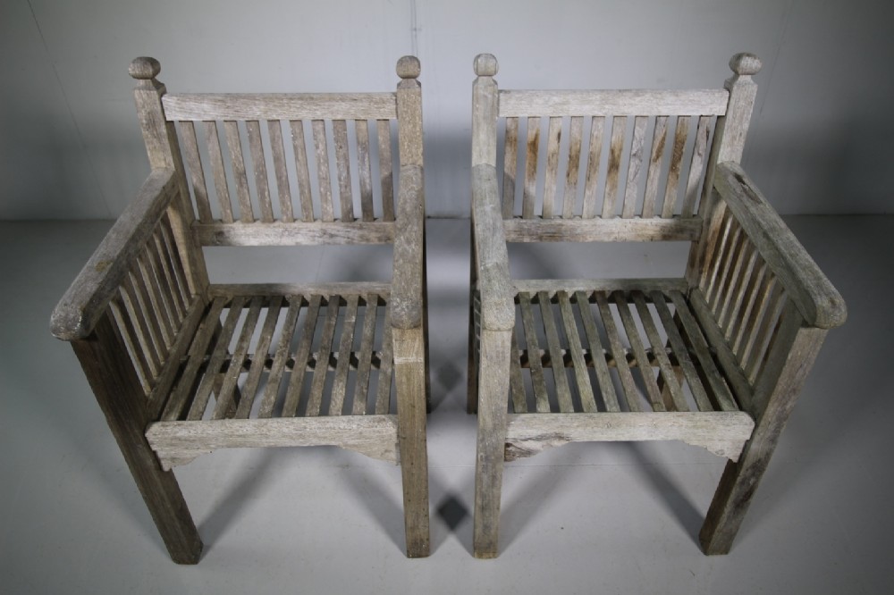 Pair of Heals Antique Teak Garden Armchairs
