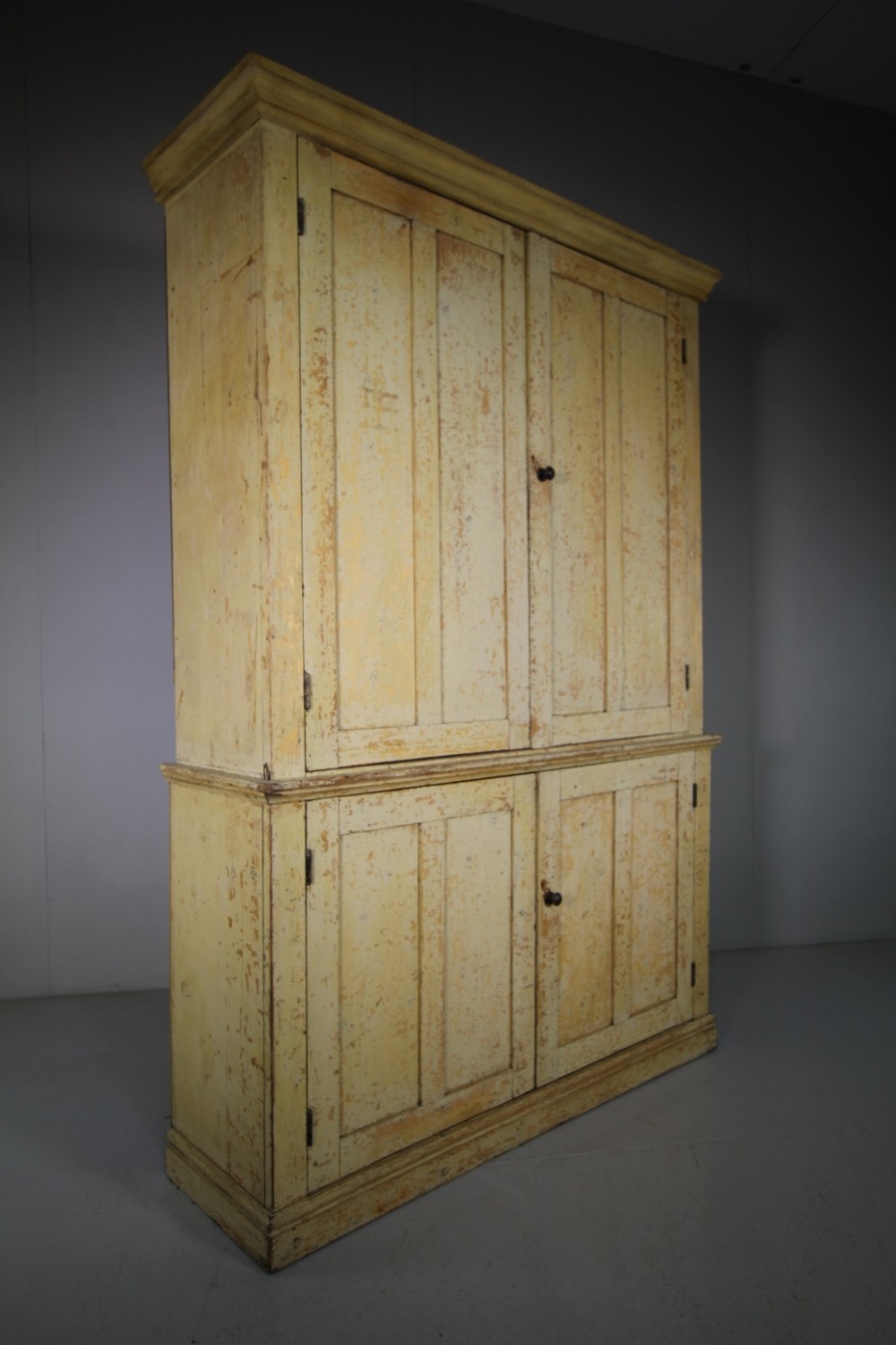 English 19th C Original Panted Pine Four Door Cupboard