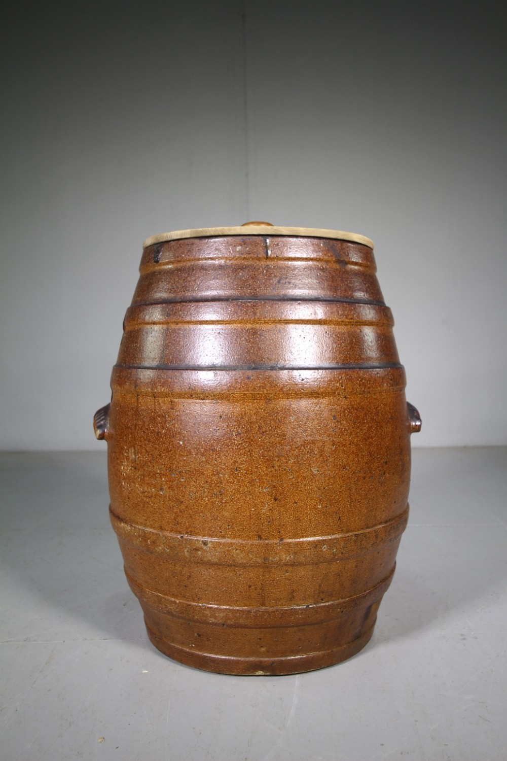 Large English 19th Century Antique Crock Barrel & Lid