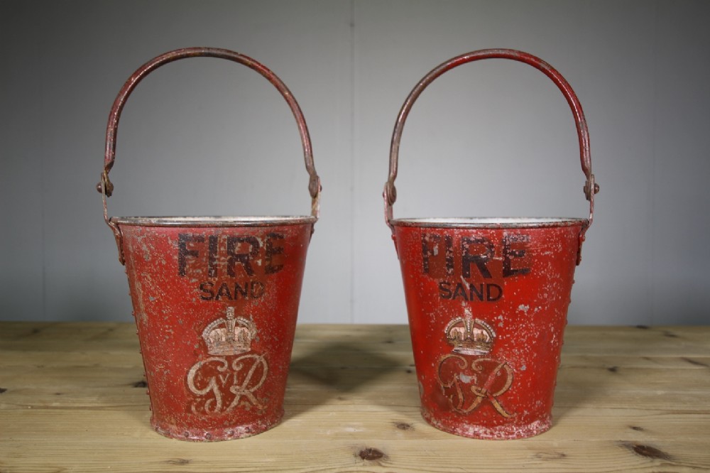 Pair of Antique Metal Fire Buckets in Original Paint