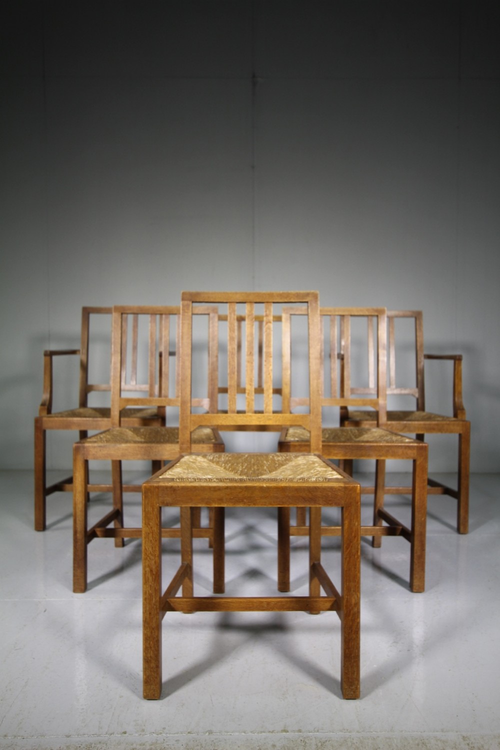 Set of Six Antique Oak Dining Chairs by Heals of London - Labelled