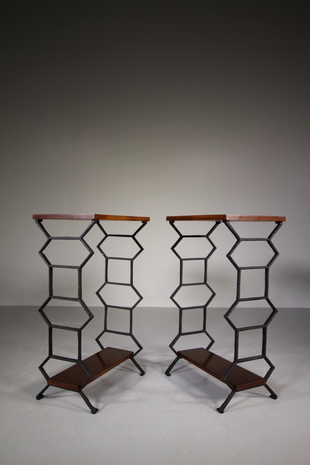 Pair of Antique Iron & Mahogany Bedside Tables