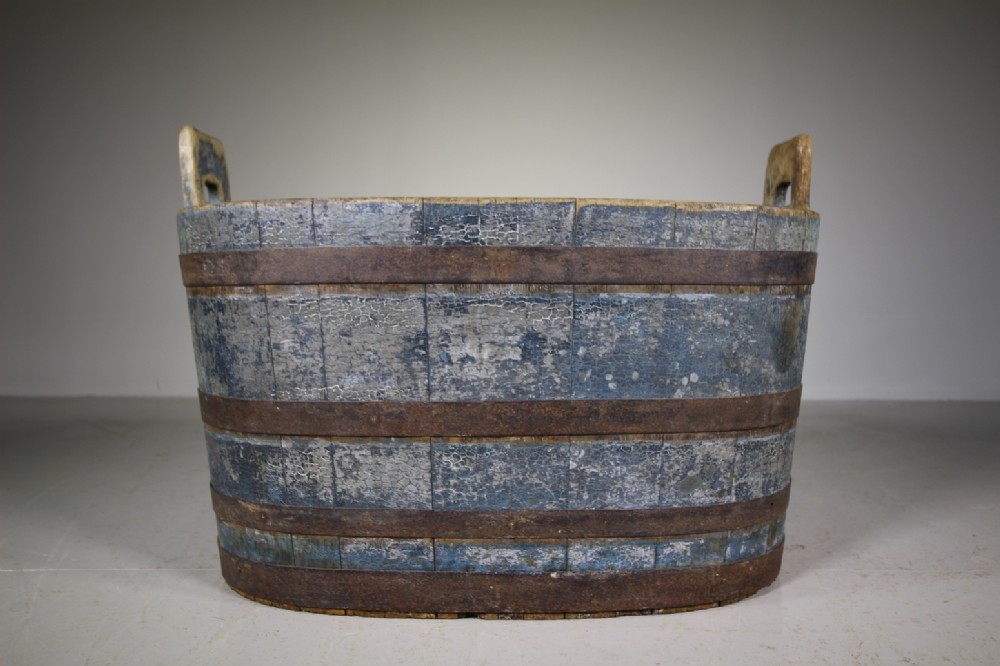 Large 19th Century Coopered Tub in Original Blue Paint