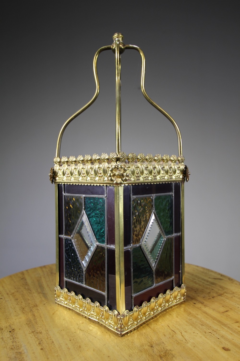 English 19th Century Antique Leaded Glass & Brass Lantern