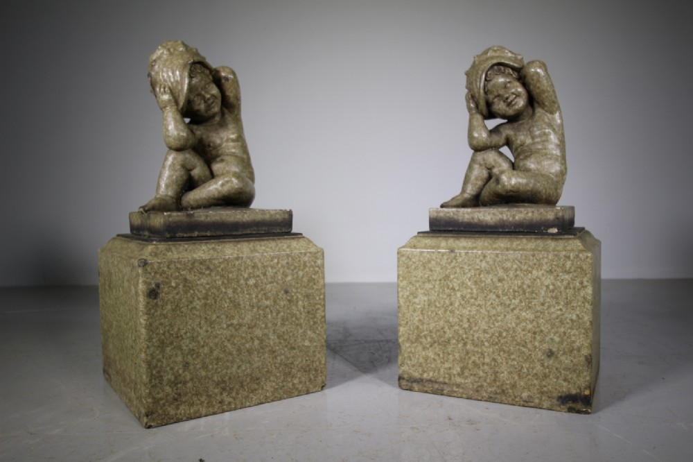 Pair of Edwardian Antique Glazed Terracotta Garden Imps