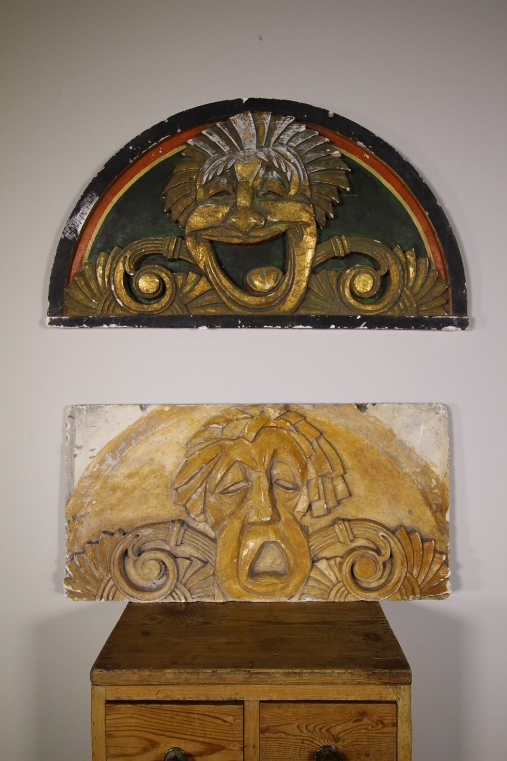 Pair of Edwardian Antique Plaster Theatre Mask Reliefs