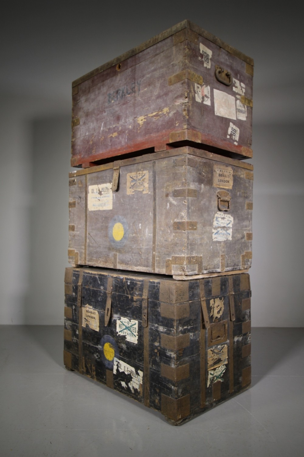 Three English 19th C Antique Military Campaign Travelling Trunks