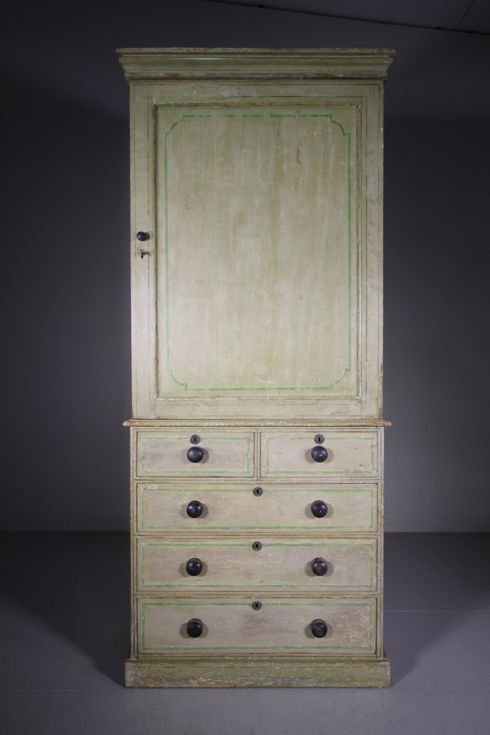English Original Antique Painted Pine Linen Press Cupboard