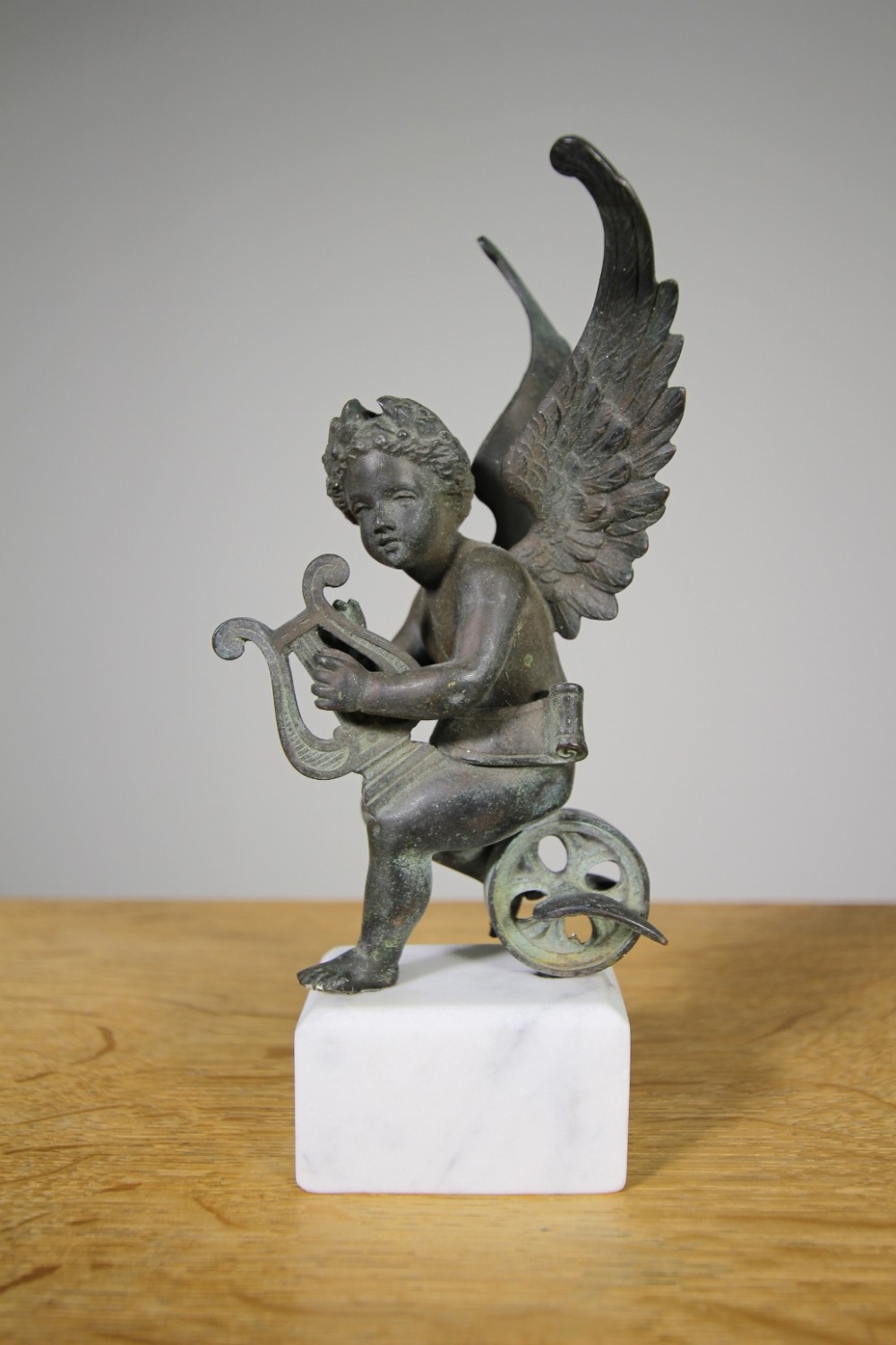 English 19th Century Antique Bronze Lyre Playing Angel