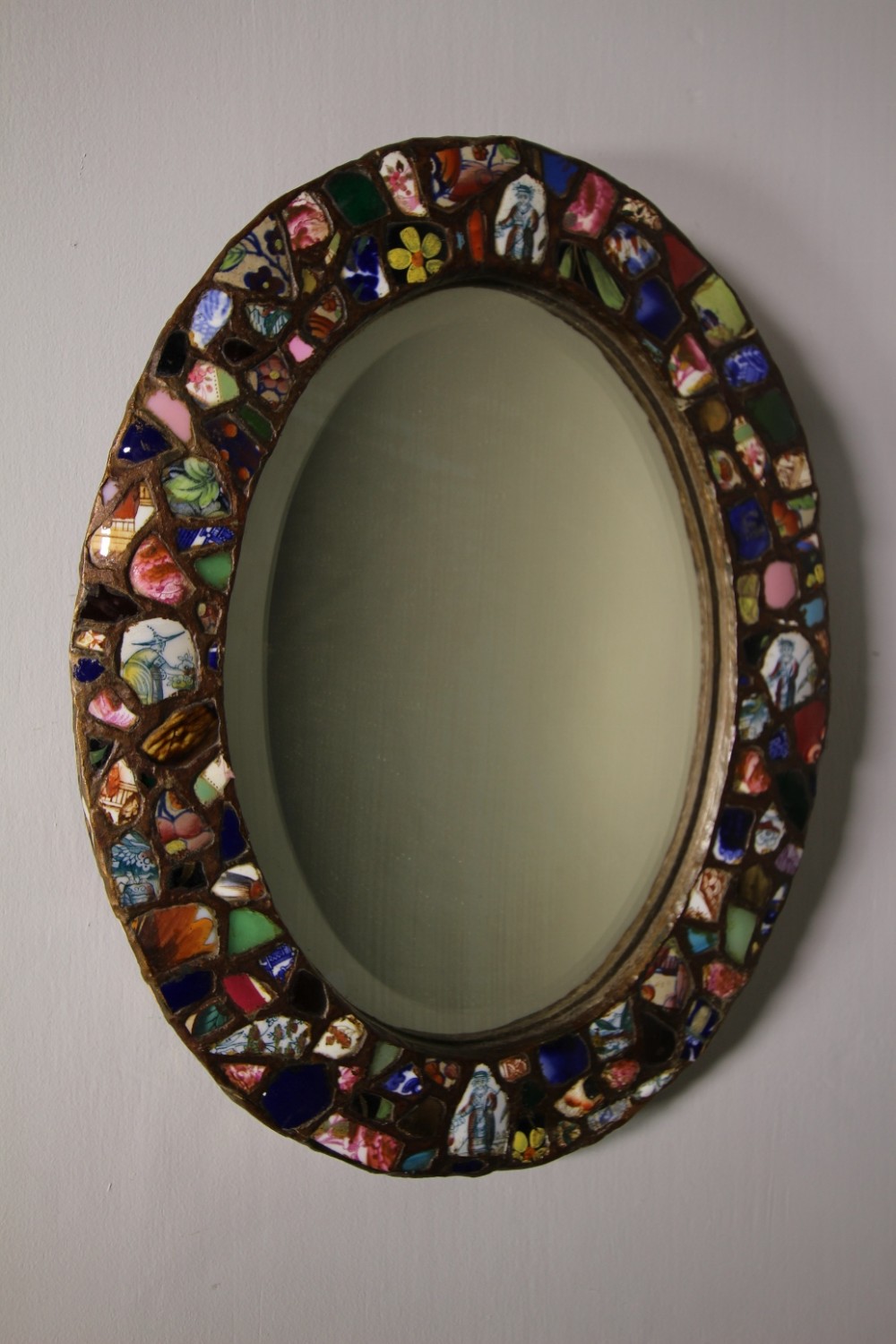 19th Century Antique Oval Pottery Fragment Oval Mirror