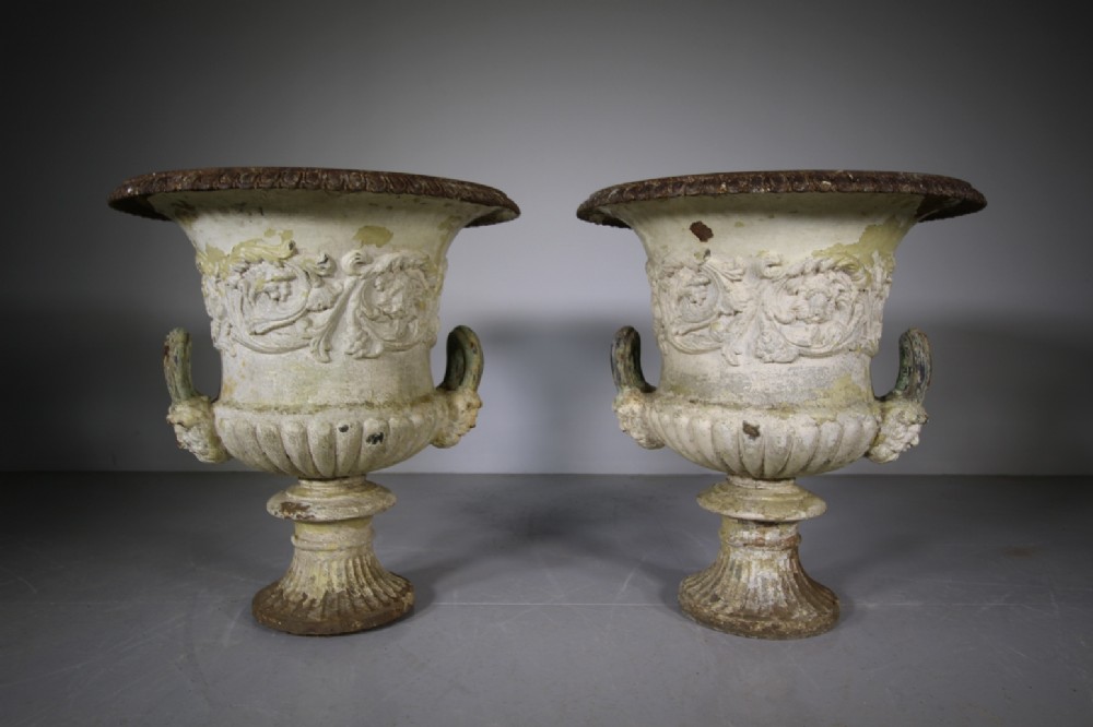 Pair of Large English 19th Century Antique Iron Garden Urns