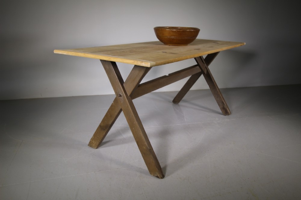 English Original Antique Painted Pine X Frame Dining Table