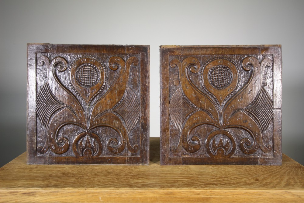 Pair of 17th Century English Antique Carved Oak Panels