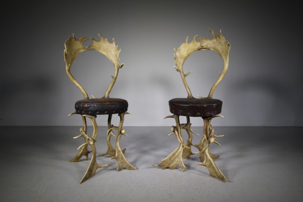 Superb Pair of English 19th Century Antique Antler Chairs