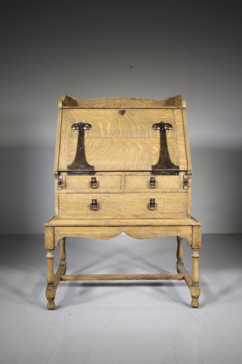 Early Heals of London Antique Oak Bureau on Stand - Labelled