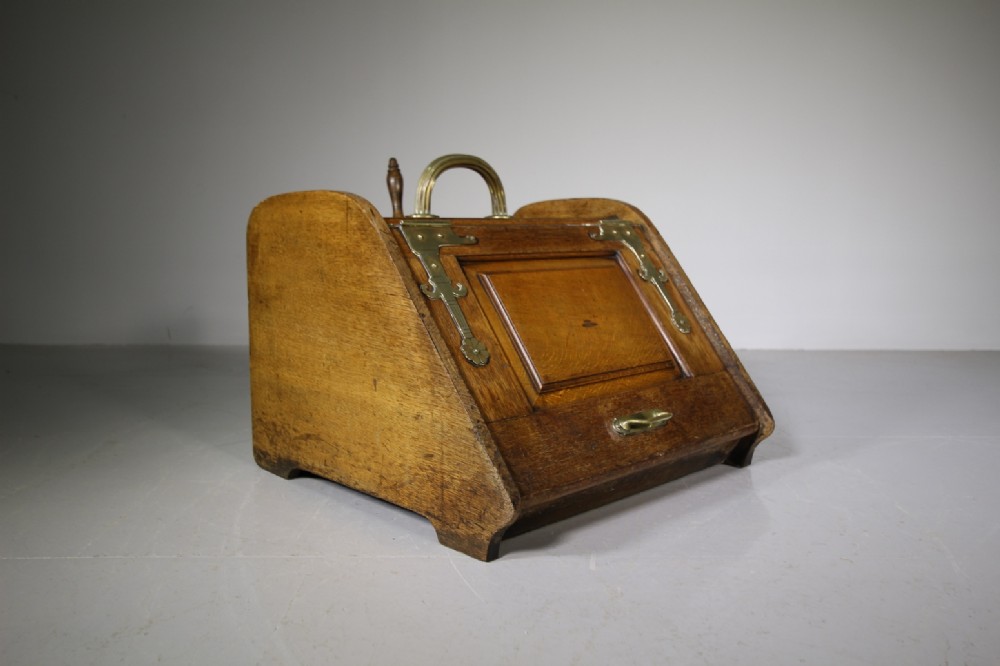 Very Large Over Sized Antique Oak Coal Box & Shovel