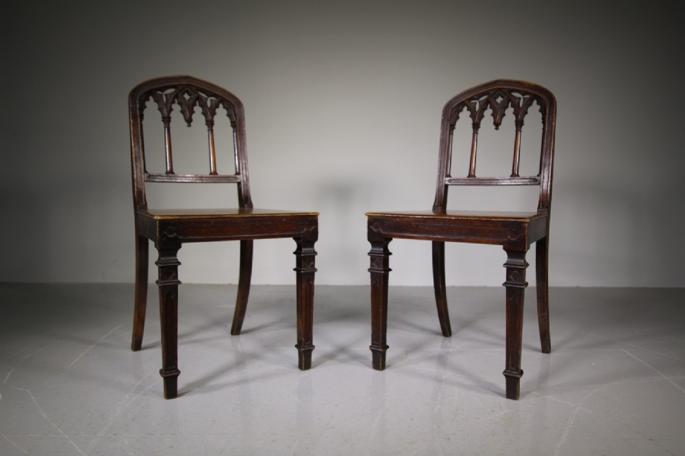Pair of Regency Antique Gothic Oak Hall Chairs