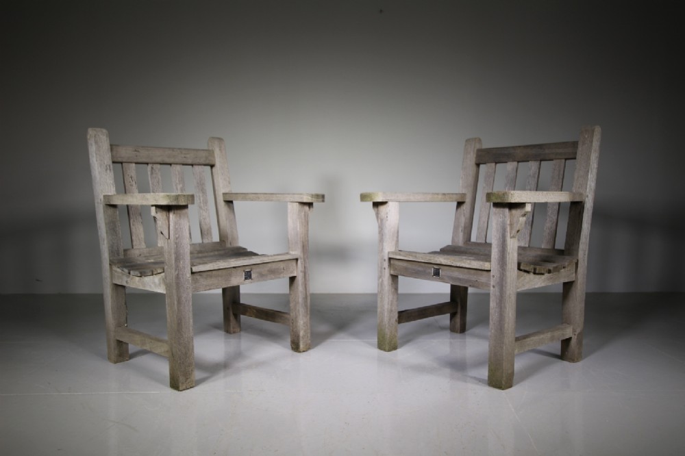Pair 1930’s Teak Garden Armchairs by F Peart & Co