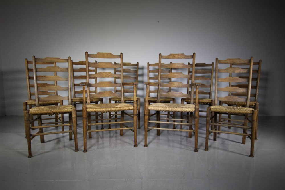 Set of Ten Heals Antique Oak Country Dining Chairs