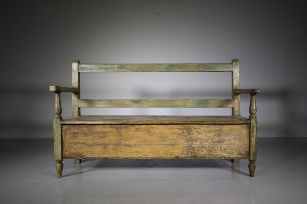Early 19th Century Antique Original Painted Pine Box Seat Settle