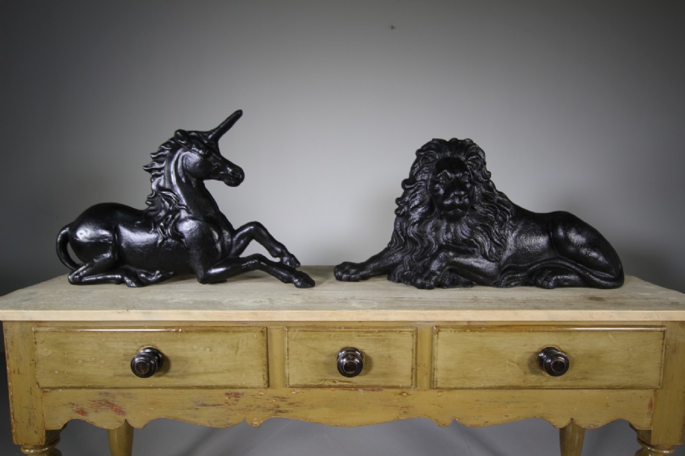 Large Pair of Original Antique Lion & Unicorn Doorstops