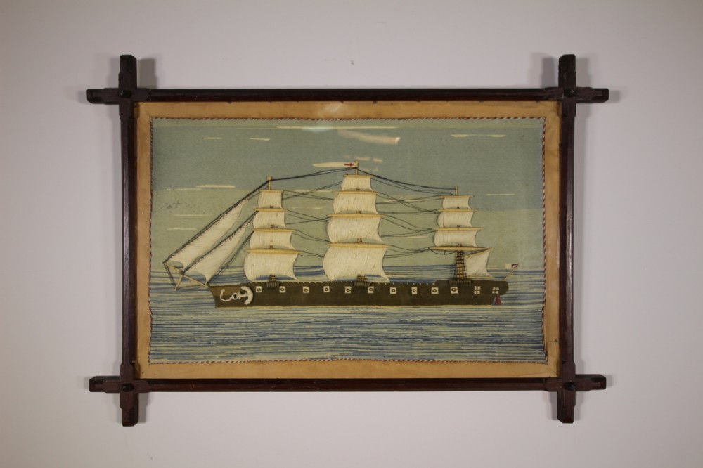 Large Impressive English 19th Century Antique Ship Wool Work