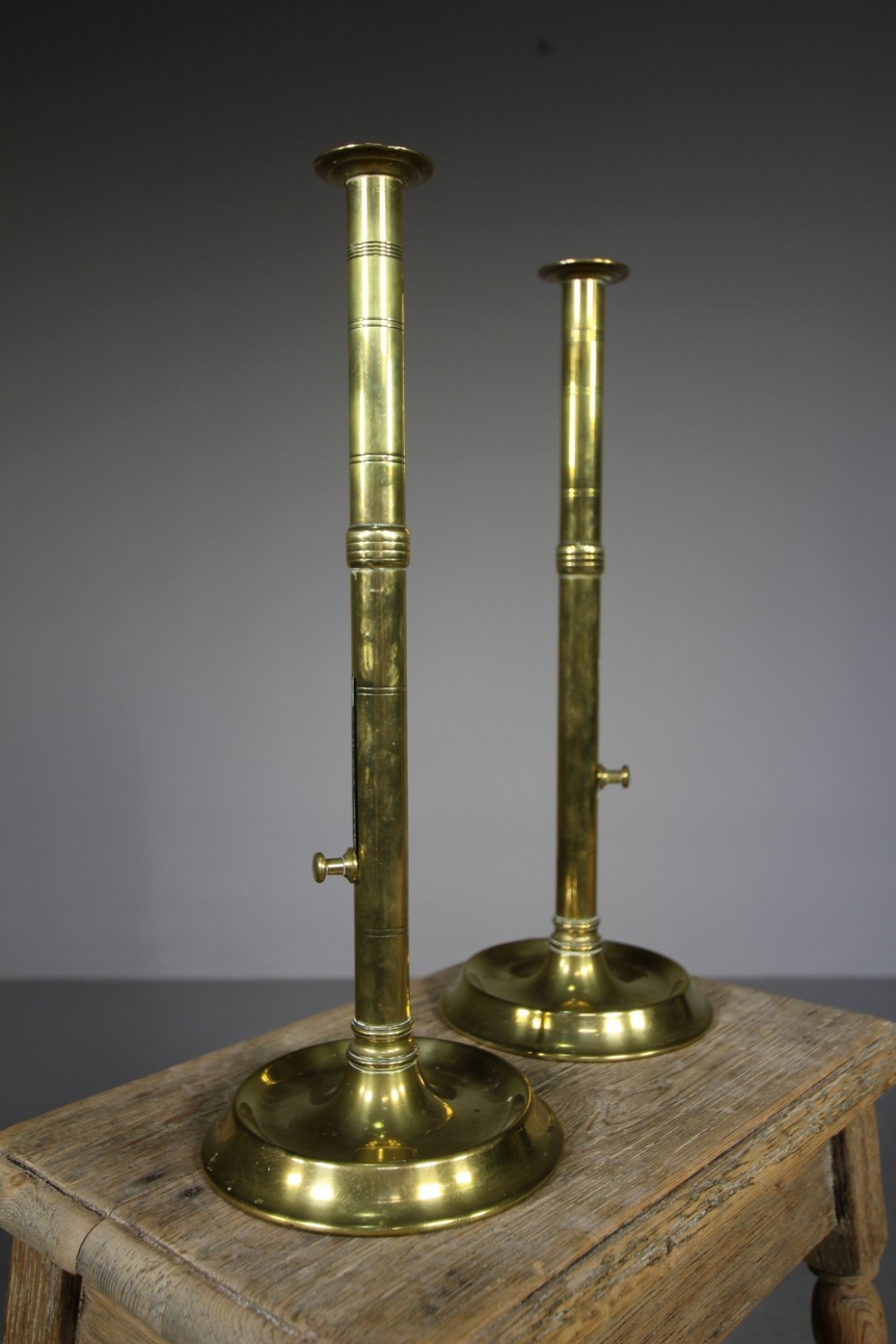 Large Pair of English Antique Brass Push Candlesticks