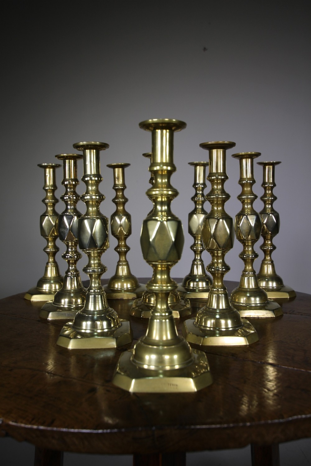 Ten 19th Century Antique Brass Queen of Diamonds Candlesticks