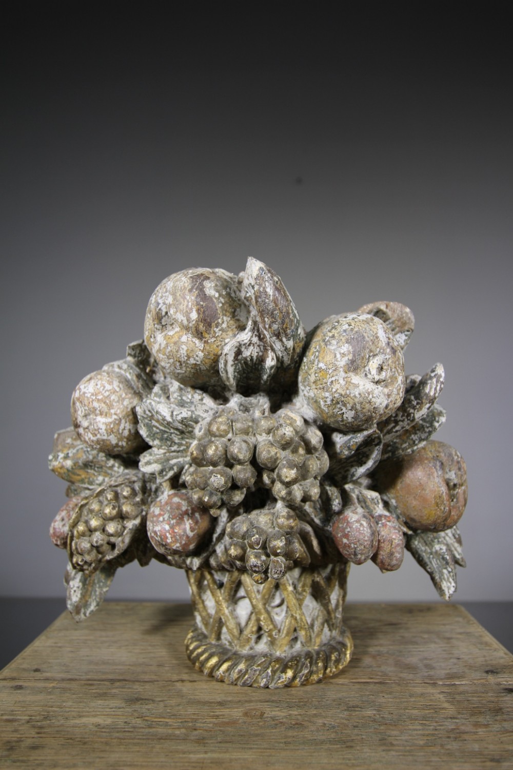 Beautiful 18th Century Antique Carved Oak Basket of Fruit
