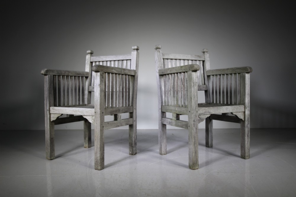 Fabulous Pair of Heals Antique Teak Garden Armchairs